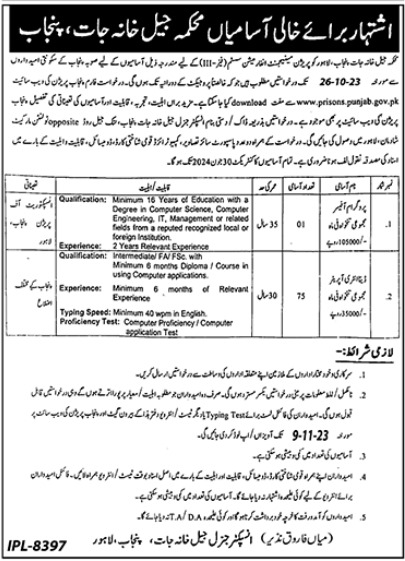 Punjab Jail Police Jobs 2025 Latest Advertisement